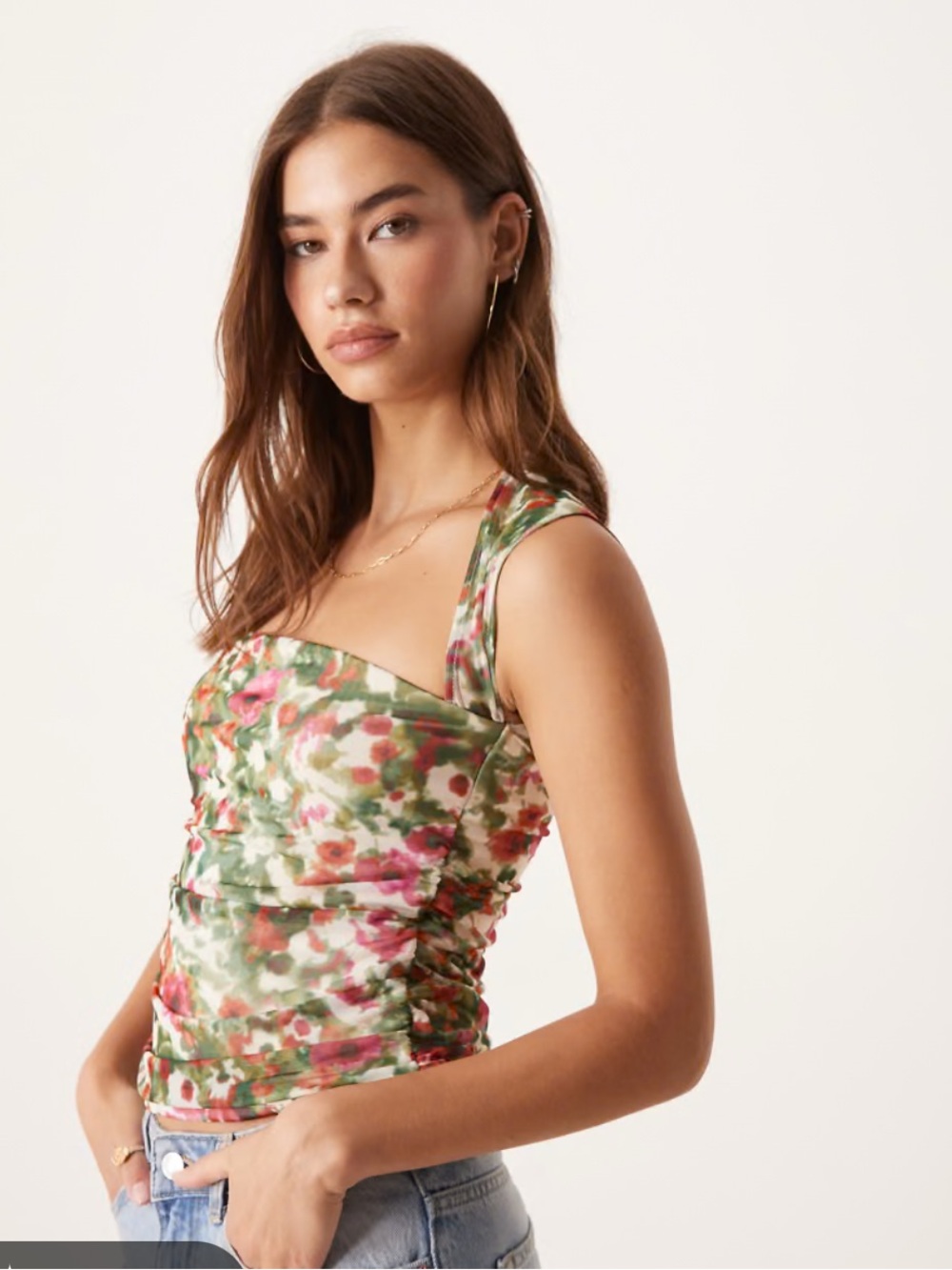 NWT Abercrombie Floral Ruched Square-Neck Tank Top — Green & Pink